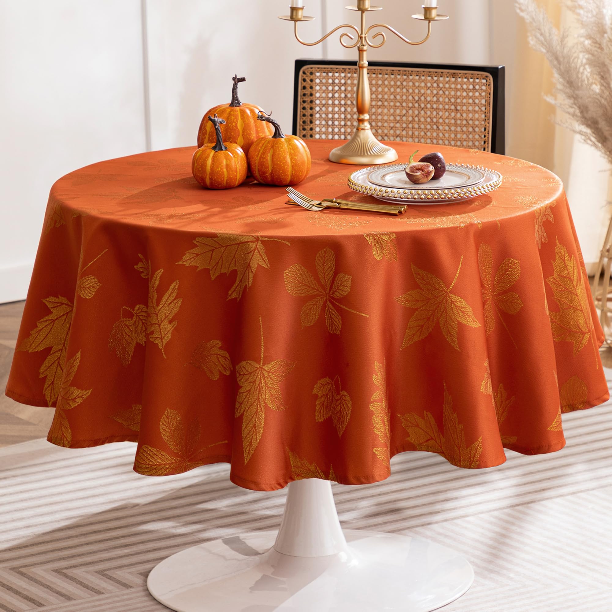 joycloth Fall Tablecloth Autumn Metallic Leaf Weaven Damask Farbric Tablecloths, Spillproof Easy Care Tablecover for Thanksgiving, Harvest, Gathering Party Decoration, Rust, Round 60 Inch