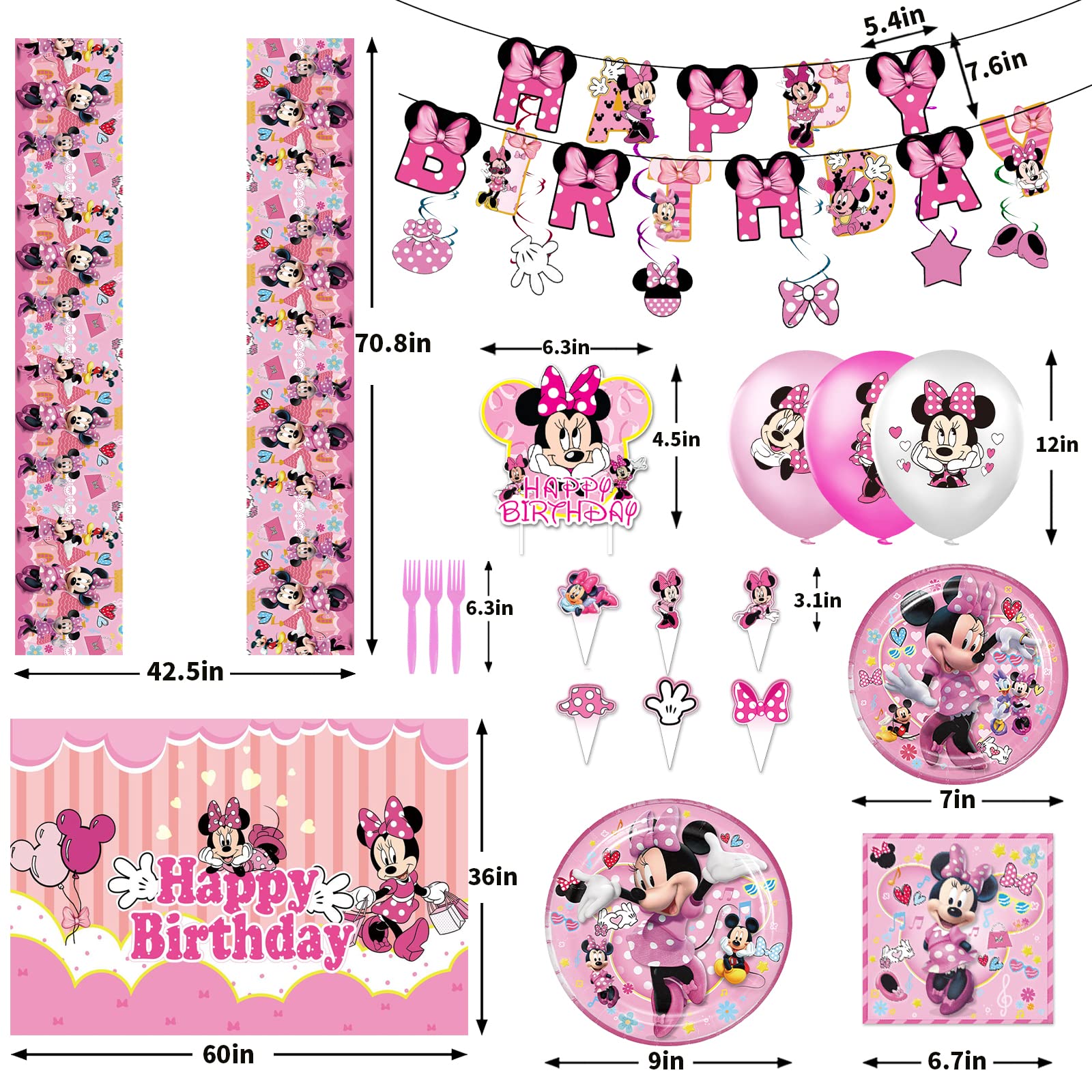 Minnie Birthday Party Supplies, Minnie Birthday Party Balloon Decorations Theme, Include Happy Birthday Banner, Hanging Swirl, Backdrop, Cake & Cupcake Topper, Tablecloth, Birthday Party For Kids