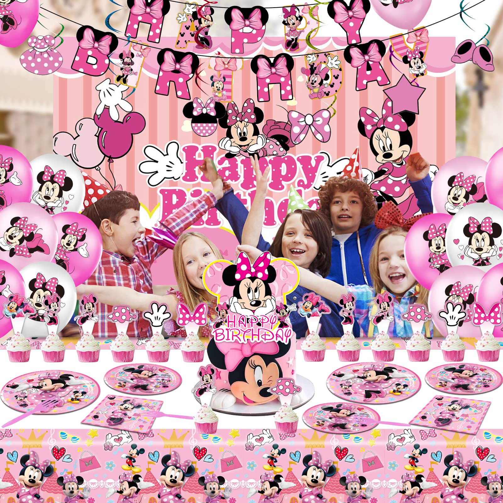 Minnie Birthday Party Supplies, Minnie Birthday Party Balloon Decorations Theme, Include Happy Birthday Banner, Hanging Swirl, Backdrop, Cake & Cupcake Topper, Tablecloth, Birthday Party For Kids