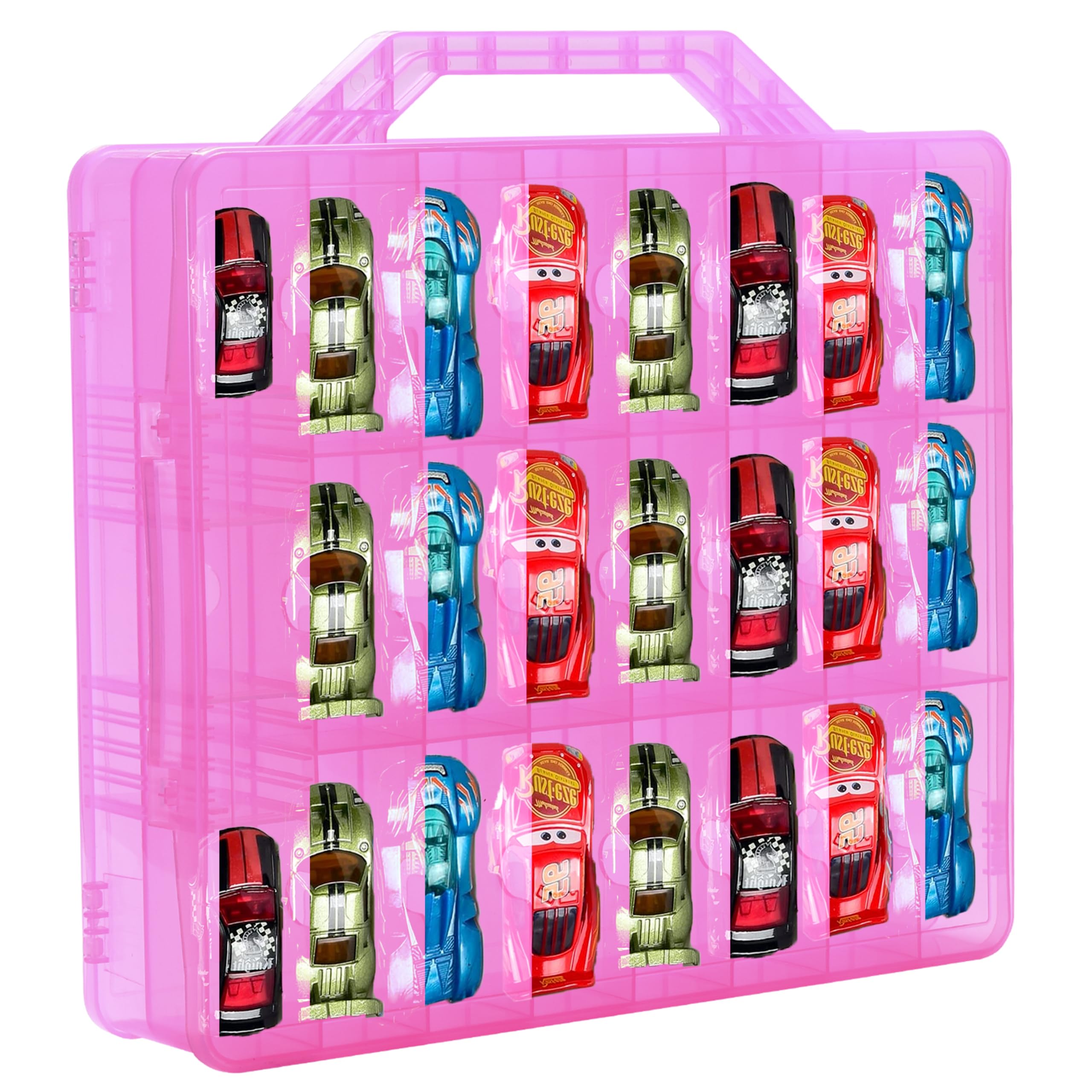 Bins & Things Toy Car Storage Organizer with 48 Compartments - Transparent Portable Car Case Storage Box for Small Items, Craft Supplies, Pills, Earrings - Ideal Organizer for Kids and Adults - Pink