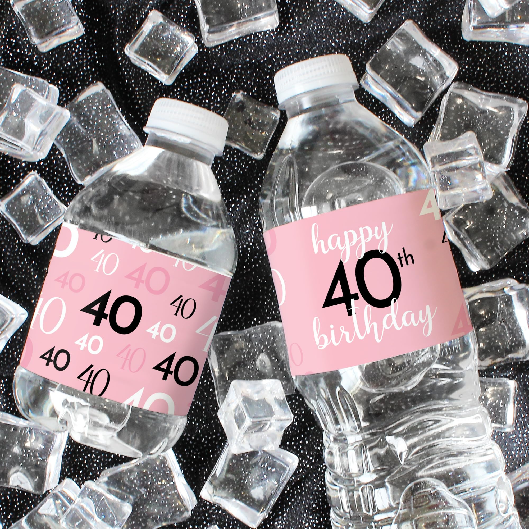 Pink, Black, and White 40th Birthday Party Water Bottle Labels - 24 Waterproof Wrappers, Pink Birthday Decoration for Women