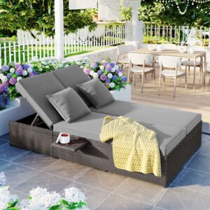 outdoor pe rattan daybed double reclining chairs with adjustable backrest and cup tray, all weather patio sunbed lounge chair conversations sofa with thick cushions and pillows for 2 person (gray-d)