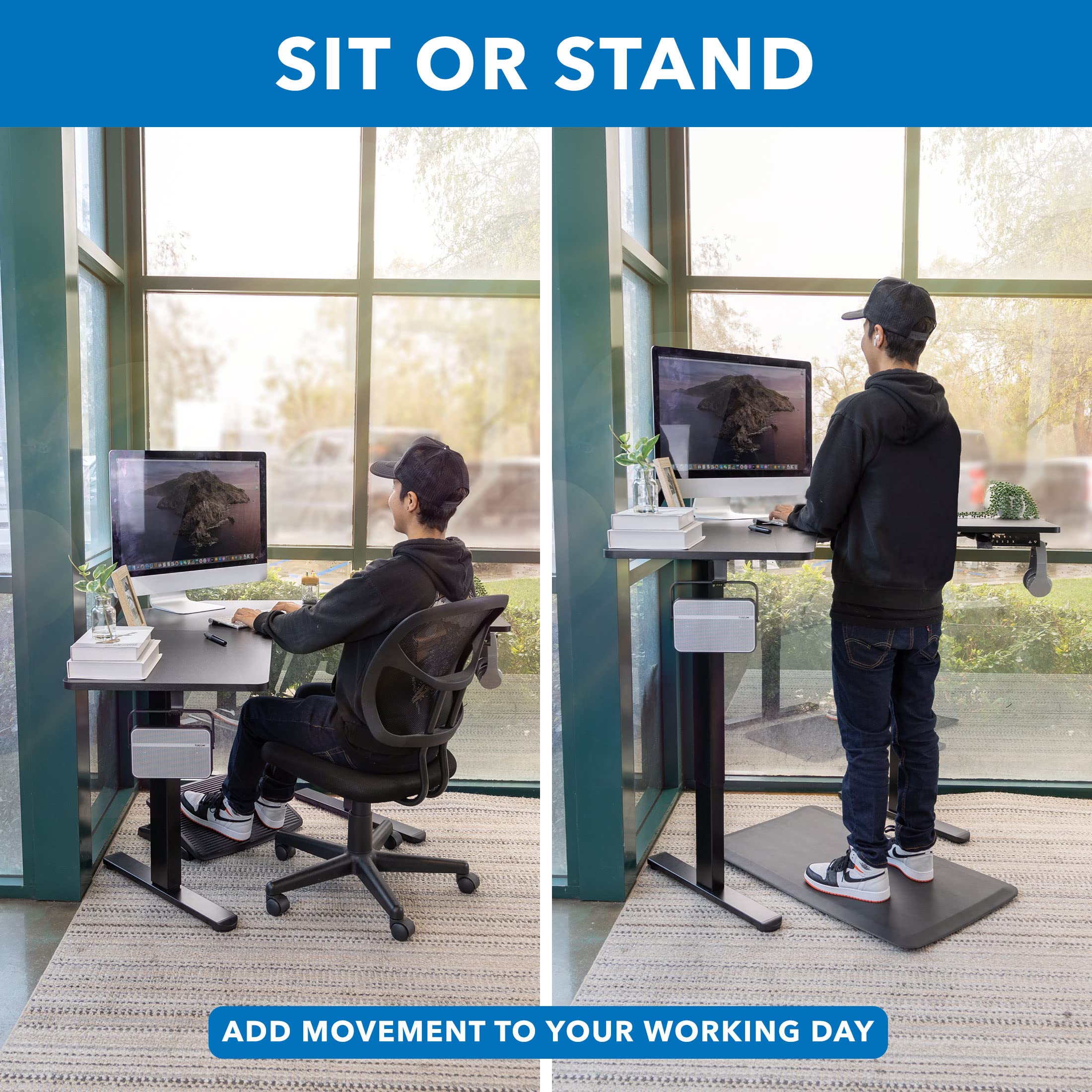 Mount-It! Electric Height Adjustable Corner Stand Up Desk, Black Steel Frame L-Shaped Standing Workstation for Corners, Automatic Sit Stand Desk, Smoothly Raises from 28.3" to 47.2", Home Office