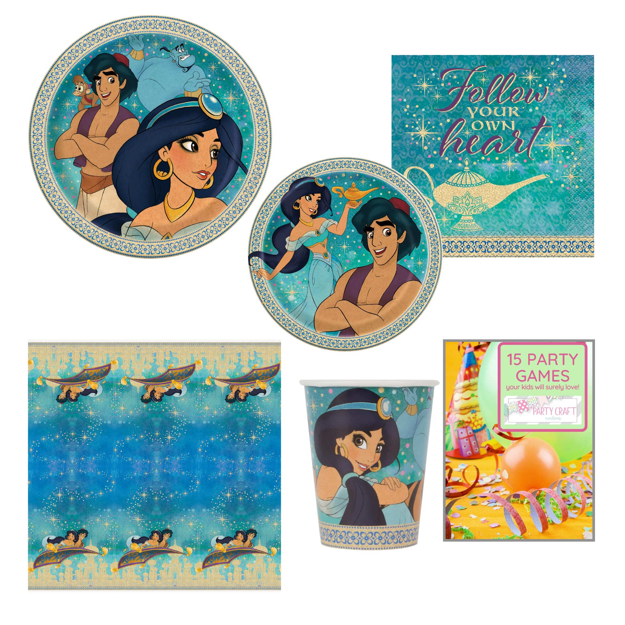 Aladdin Birthday Party Supplies Tableware Set, Serves 8 Guests, Includes Plates, Napkins, Cups, Tablecover and Exclusive Party Games Booklet by Party Craft Creations