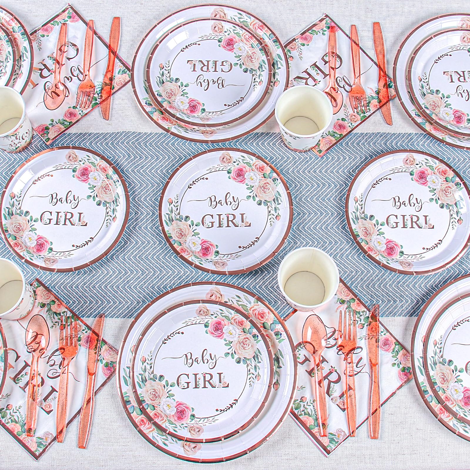 Girl Baby Shower Decorations, Floral Baby Girl Baby Shower Party Supplies Tableware Set for Your Little Princess, Rose Gold Baby Shower Plates and Cups and Napkins Set with Utensils -Serve 24