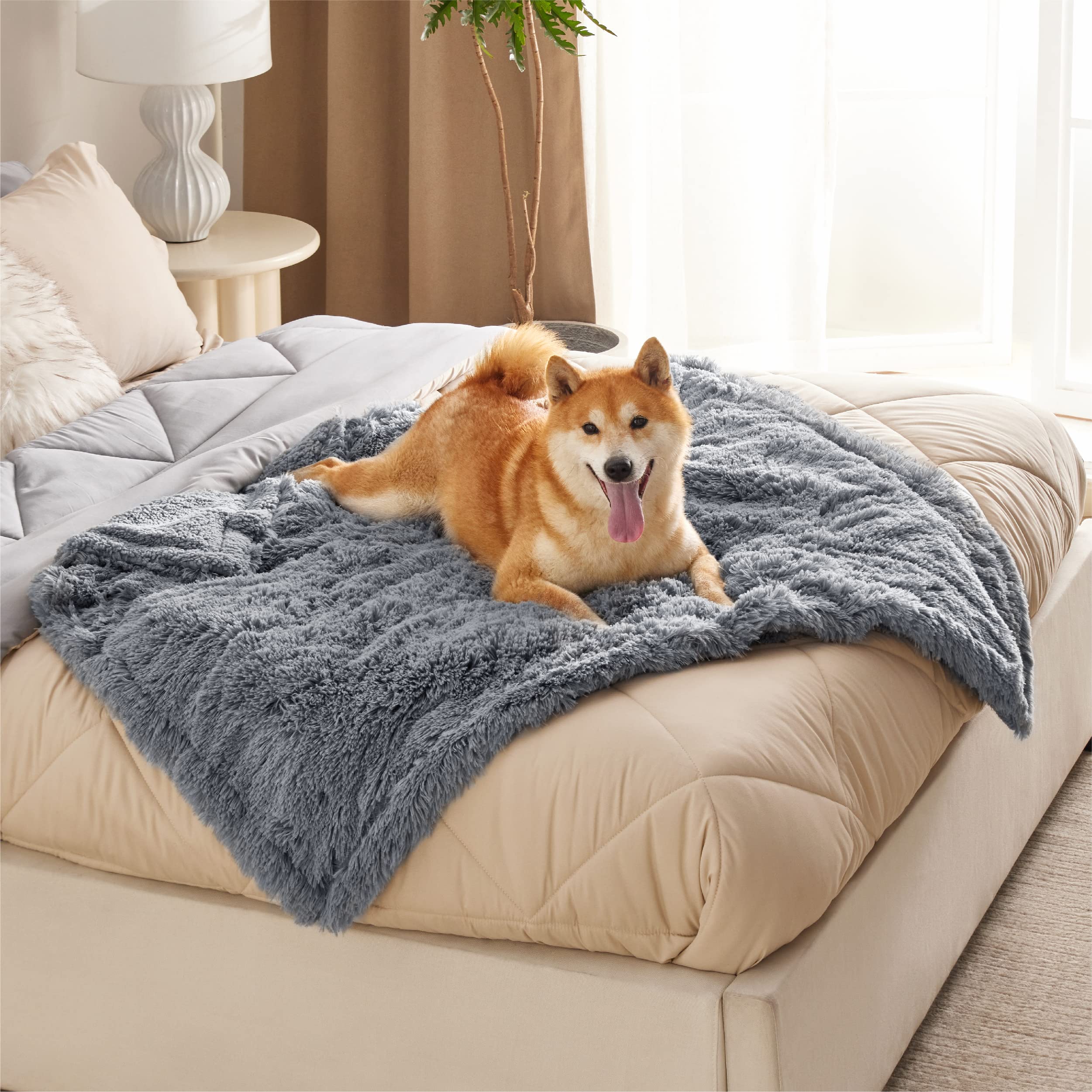 Bedsure Waterproof Dog Blankets for Large Dogs - Calming Cat Blanket for Couch Protector Washable, Long Faux Fur Pet Throw Blanket for Puppy, Reversible Furniture Protection, 40"x50", Grey