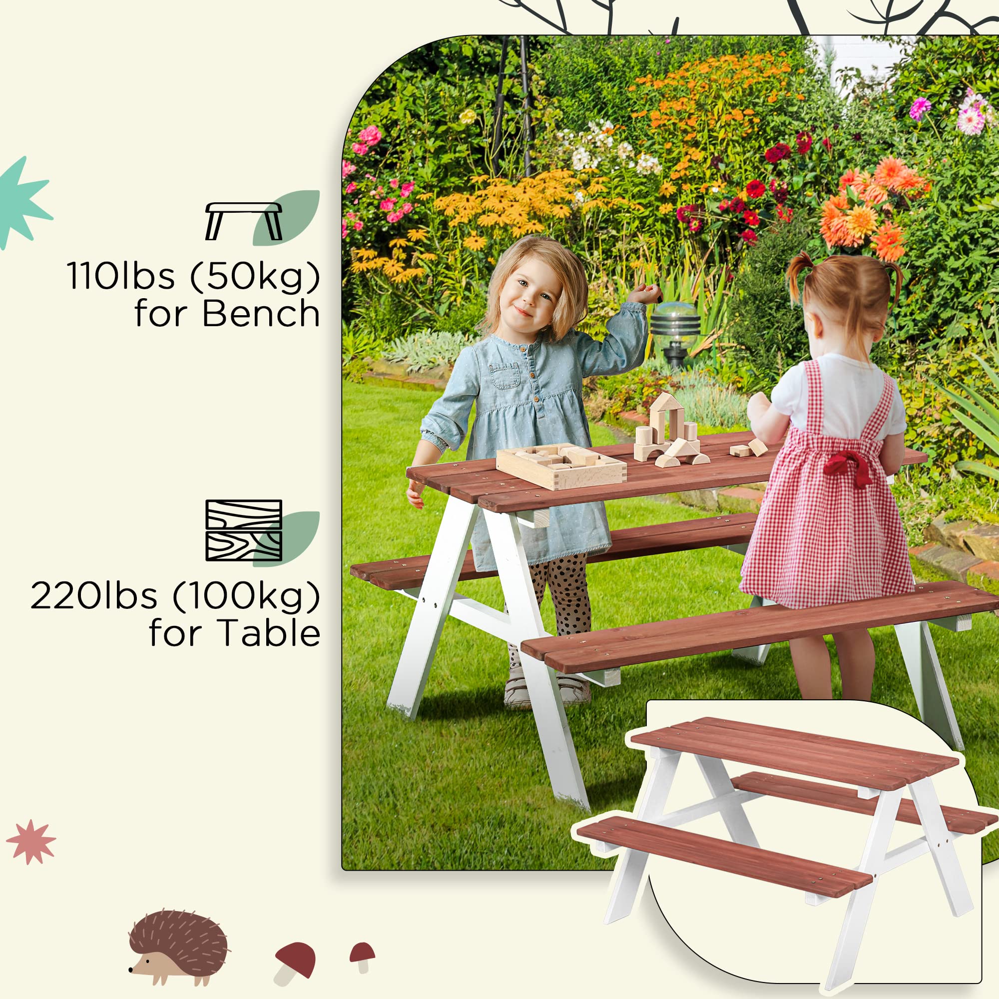 Outsunny Kids Picnic Table Set, Wooden Table & Bench Set, Kids Patio Furniture Outdoor Toys for Garden, Backyard, Aged 3-8 Years Old, Brown