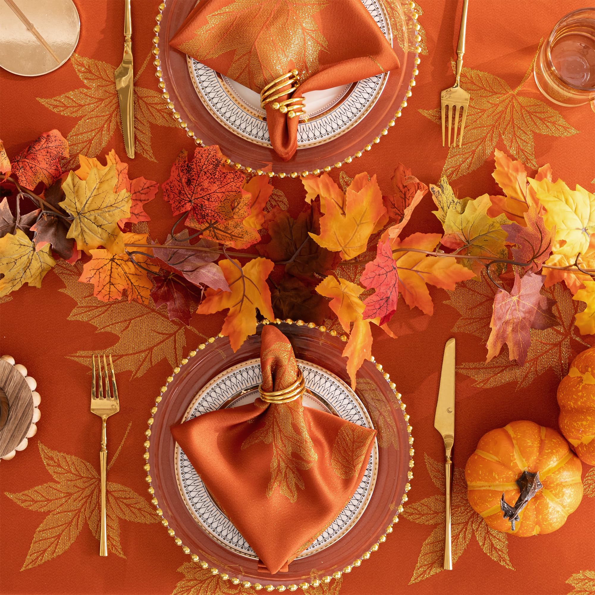 joycloth Fall Tablecloth Autumn Metallic Leaf Weaven Damask Farbric Tablecloths, Spillproof Easy Care Tablecover for Thanksgiving, Harvest, Gathering Party Decoration, Rust, Round 60 Inch