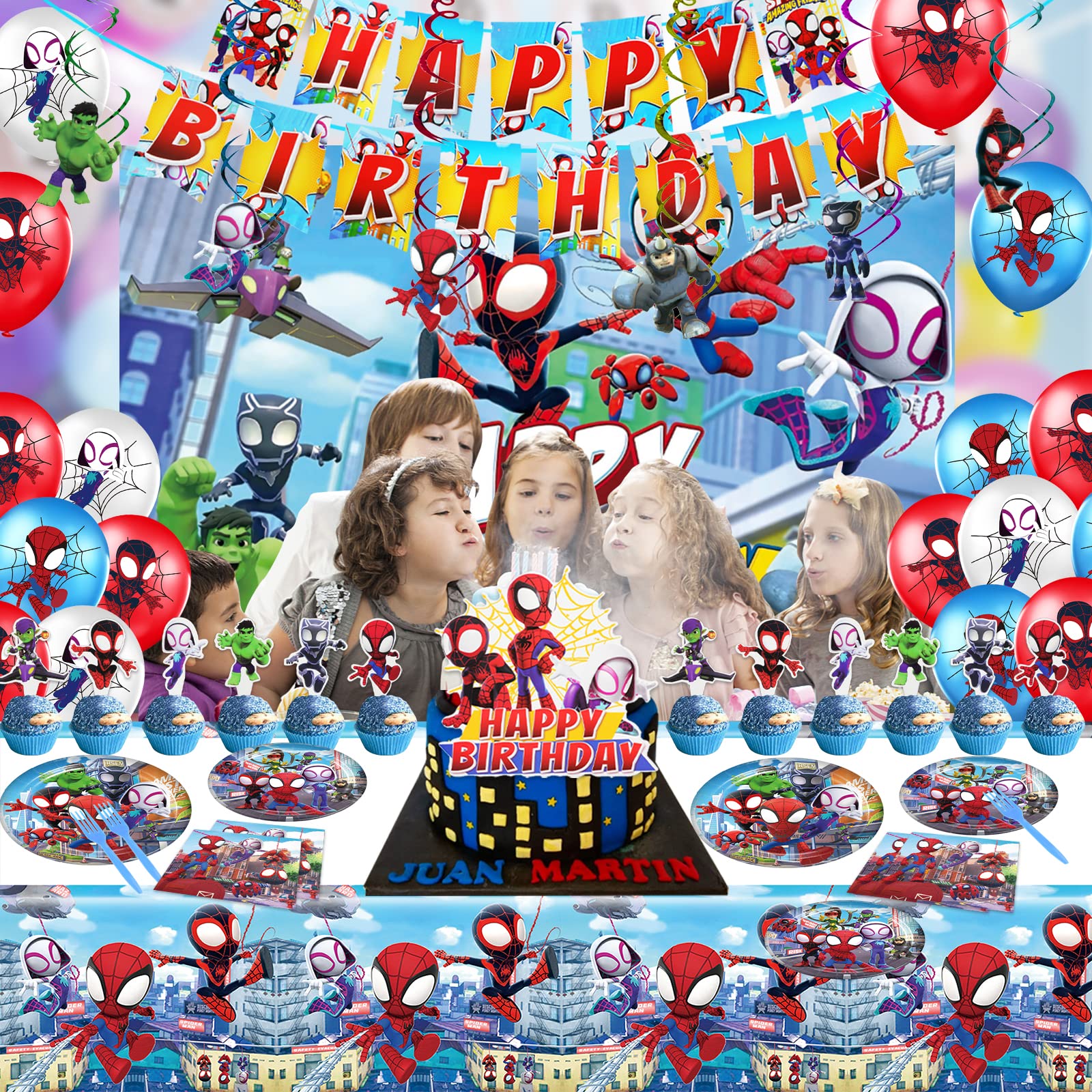 Spidey and His Amazing Friends Birthday Party Supplies, Superhero Birthday Party Decorations Theme, Include Happy Birthday Banner, Hanging Swirl, Backdrop, Tablecloth, Birthday Party For Kids