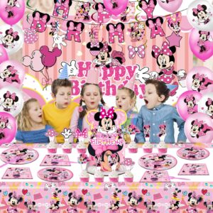 Minnie Birthday Party Supplies, Minnie Birthday Party Balloon Decorations Theme, Include Happy Birthday Banner, Hanging Swirl, Backdrop, Cake & Cupcake Topper, Tablecloth, Birthday Party For Kids