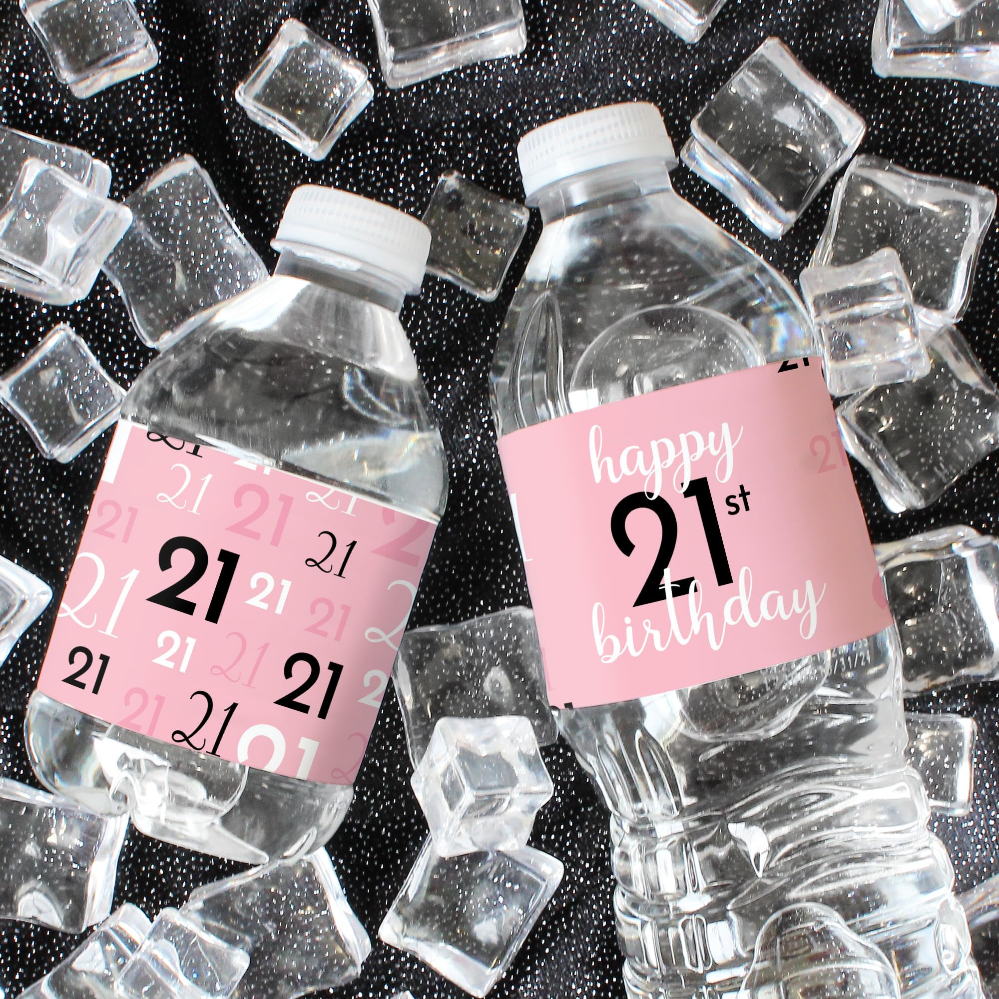 Pink, Black, and White 21st Birthday Party Water Bottle Labels - 24 Waterproof Wrappers - Chic Birthday Party Supplies