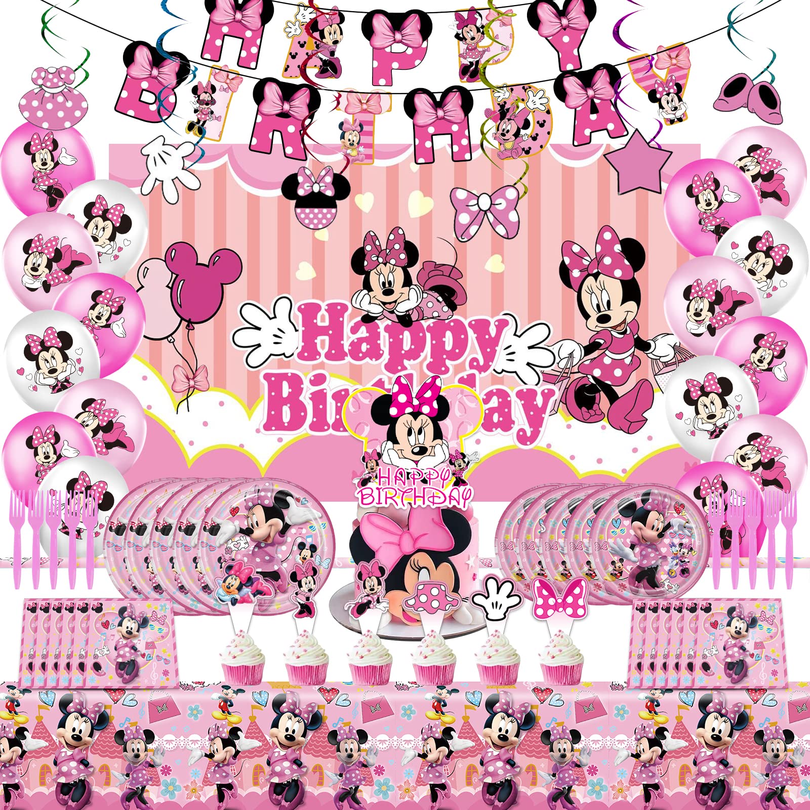 Minnie Birthday Party Supplies, Minnie Birthday Party Balloon Decorations Theme, Include Happy Birthday Banner, Hanging Swirl, Backdrop, Cake & Cupcake Topper, Tablecloth, Birthday Party For Kids