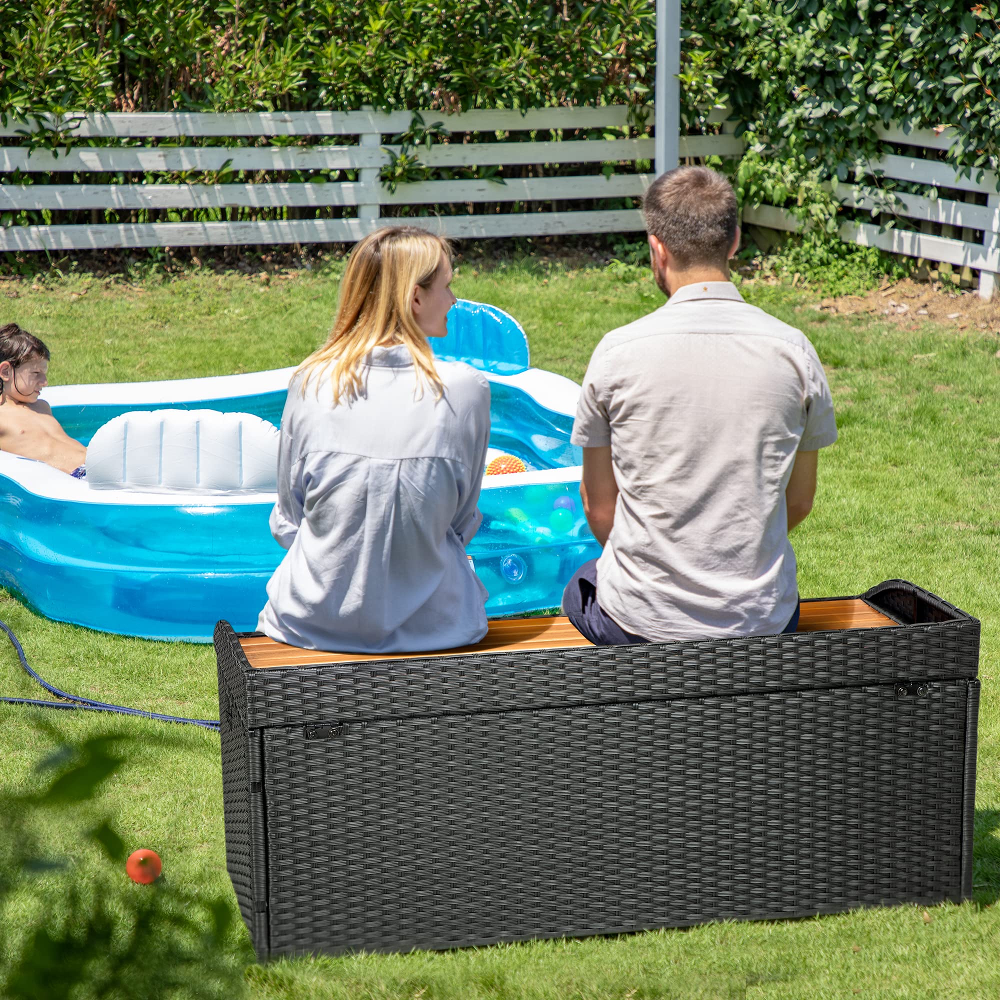 Devoko 70 Gallon Rattan Wicker Large Storage Bench Deck Box Outdoor Indoor Waterproof Storage Box with Wood Bench Surface for Patio Furniture Cushions, Toys, Garden and Pool Tools