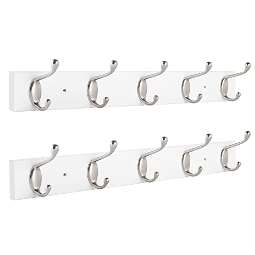 ROOREVO Wall Mounted Coat Rack with 5 Hooks - 2 Pack - Wall Coat Hooks Wall Hat Hanger, Satin Nickel & White