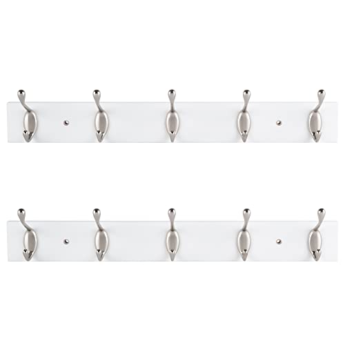 ROOREVO Wall Mounted Coat Rack with 5 Hooks - 2 Pack - Wall Coat Hooks Wall Hat Hanger, Satin Nickel & White