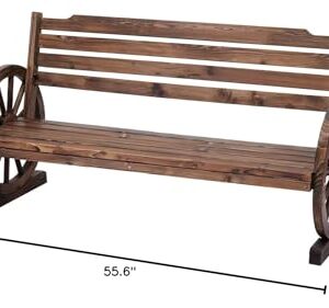 JSUN7 Wooden Outdoor Wagon Wheel Bench - Yard Decorative 3-Person Bench with Backrest Fir Wood Seat Rustic Style for Bench Patio Garden