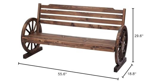 JSUN7 Wooden Outdoor Wagon Wheel Bench - Yard Decorative 3-Person Bench with Backrest Fir Wood Seat Rustic Style for Bench Patio Garden