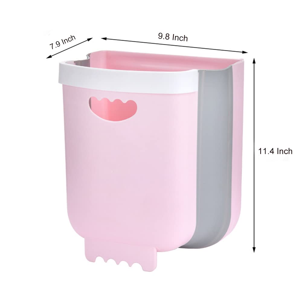 Hanging Trash Can for Kitchen Cabinet Door, Foldable Waste Bin for Kitchen Bedroom Bathroom and Car (2.4 Gallon, Pink)