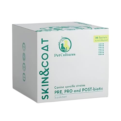 PetCultures PRO Skin & Coat Supplement for Dogs with Fish Oil & Salmon Oil, Omega 3 Dog Supplement Powder with PRE, PRO, & Post-biotics, 30 Dog Skin Allergy Relief Packs (Skin and Coat)