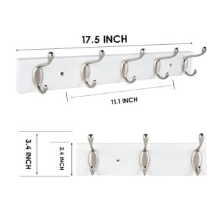 ROOREVO Wall Mounted Coat Rack with 5 Hooks - 2 Pack - Wall Coat Hooks Wall Hat Hanger, Satin Nickel & White