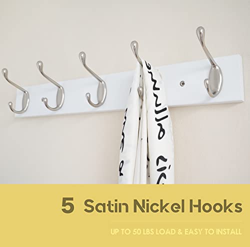 ROOREVO Wall Mounted Coat Rack with 5 Hooks - 2 Pack - Wall Coat Hooks Wall Hat Hanger, Satin Nickel & White