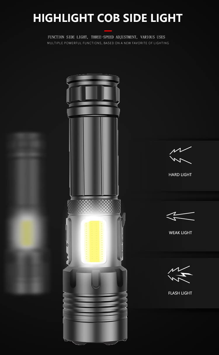 Xkravo LED Handheld Flashlights, 1800 Lumens 7 Light Modes with COB Work Light, Super Bright Rechargeable Zoomable Waterproof Tactical Flashlight with Battery for Emergency, Outdoor, Home, Camping