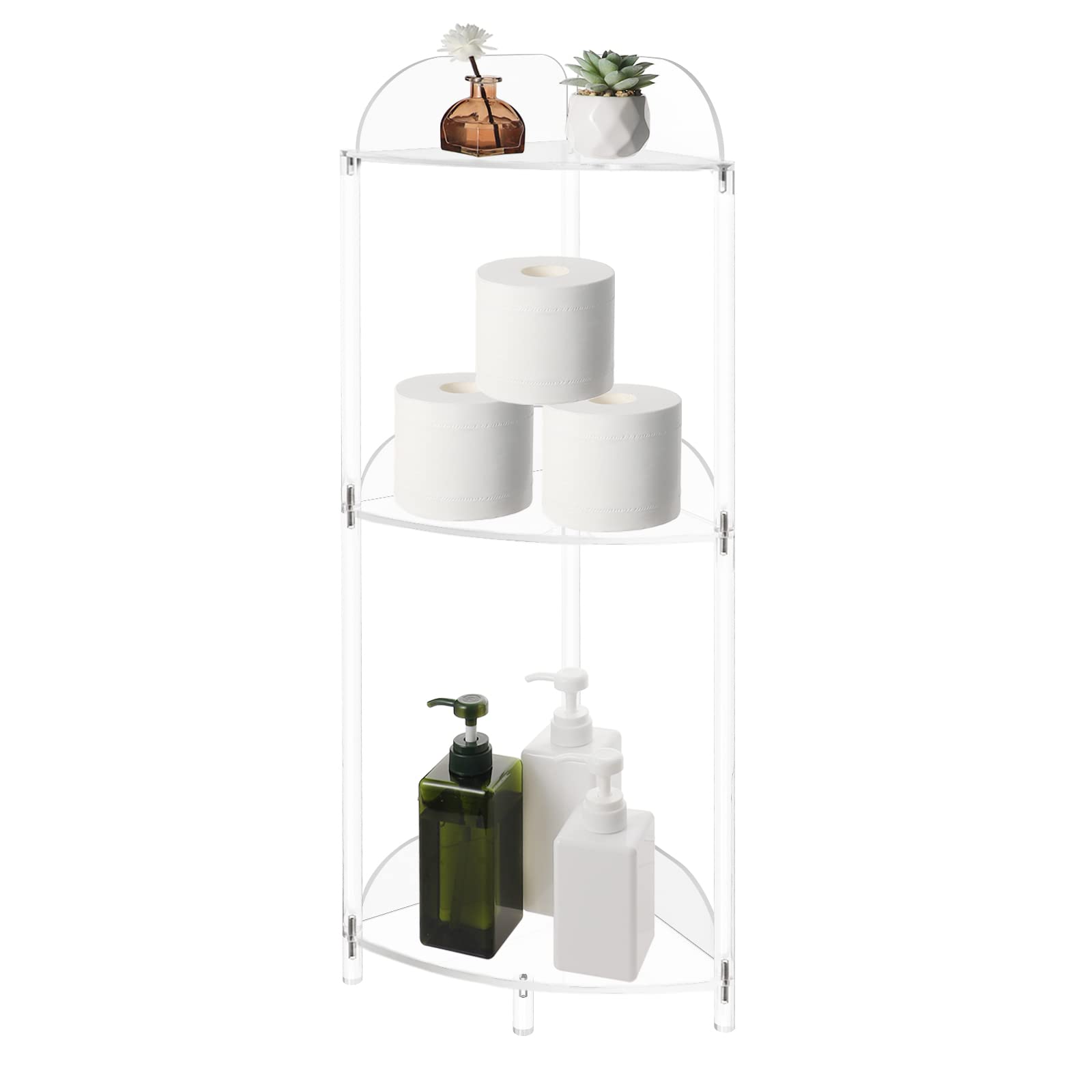 KOLUTI 3 Tier Bathroom Corner Shelf Stand, Solid Acrylic Floor Standing Rack Organizer Display for Restroom Living Room Bedroom Balcony, Small Toilet Paper Side Holder Storage, Clear