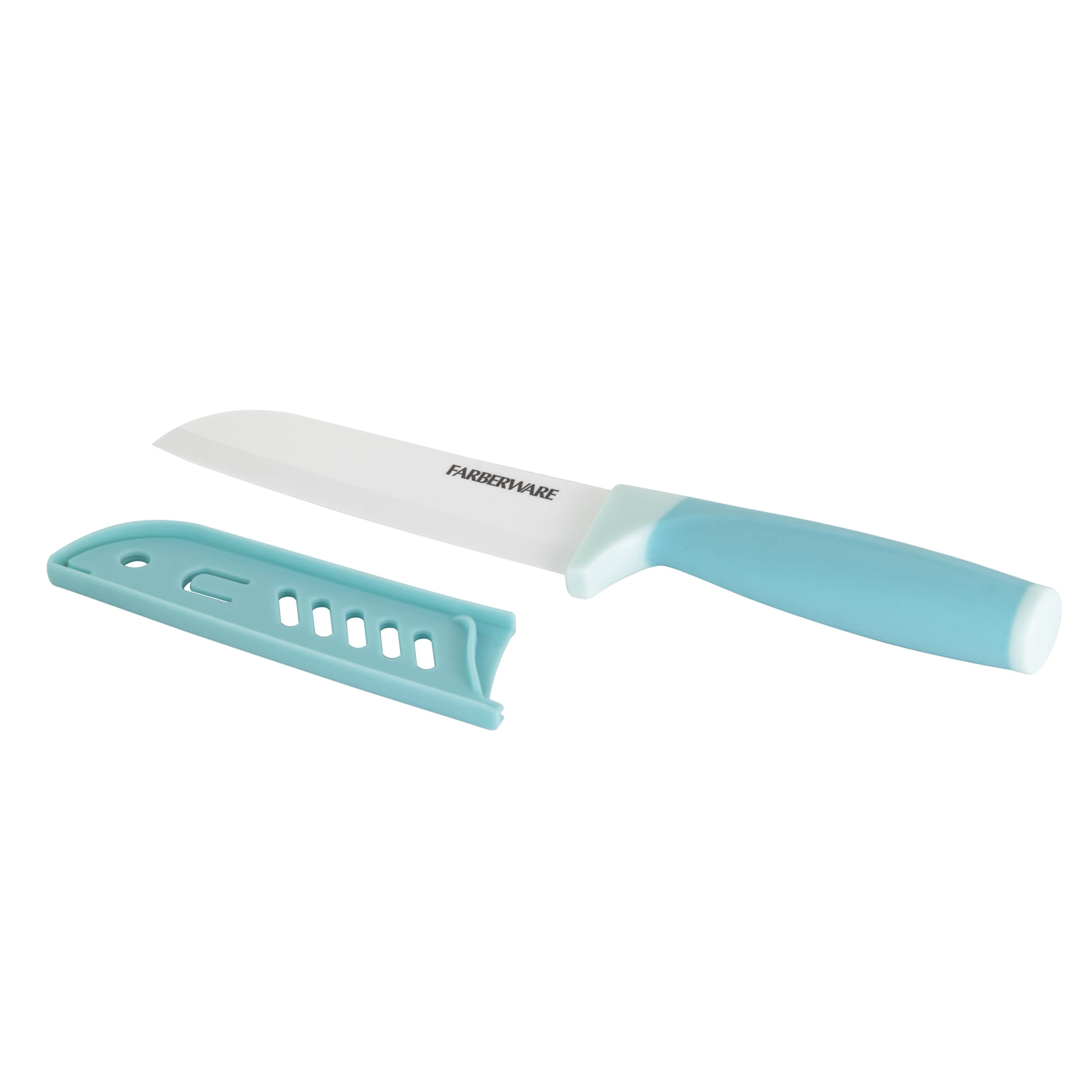 Farberware Ceramic 5- Inch Santoku Knife with Custom-Fit Blade Cover, Razor-Sharp Kitchen Knife with Ergonomic, Soft-Grip Handle, Dishwasher-Safe, 5-inch, Aqua