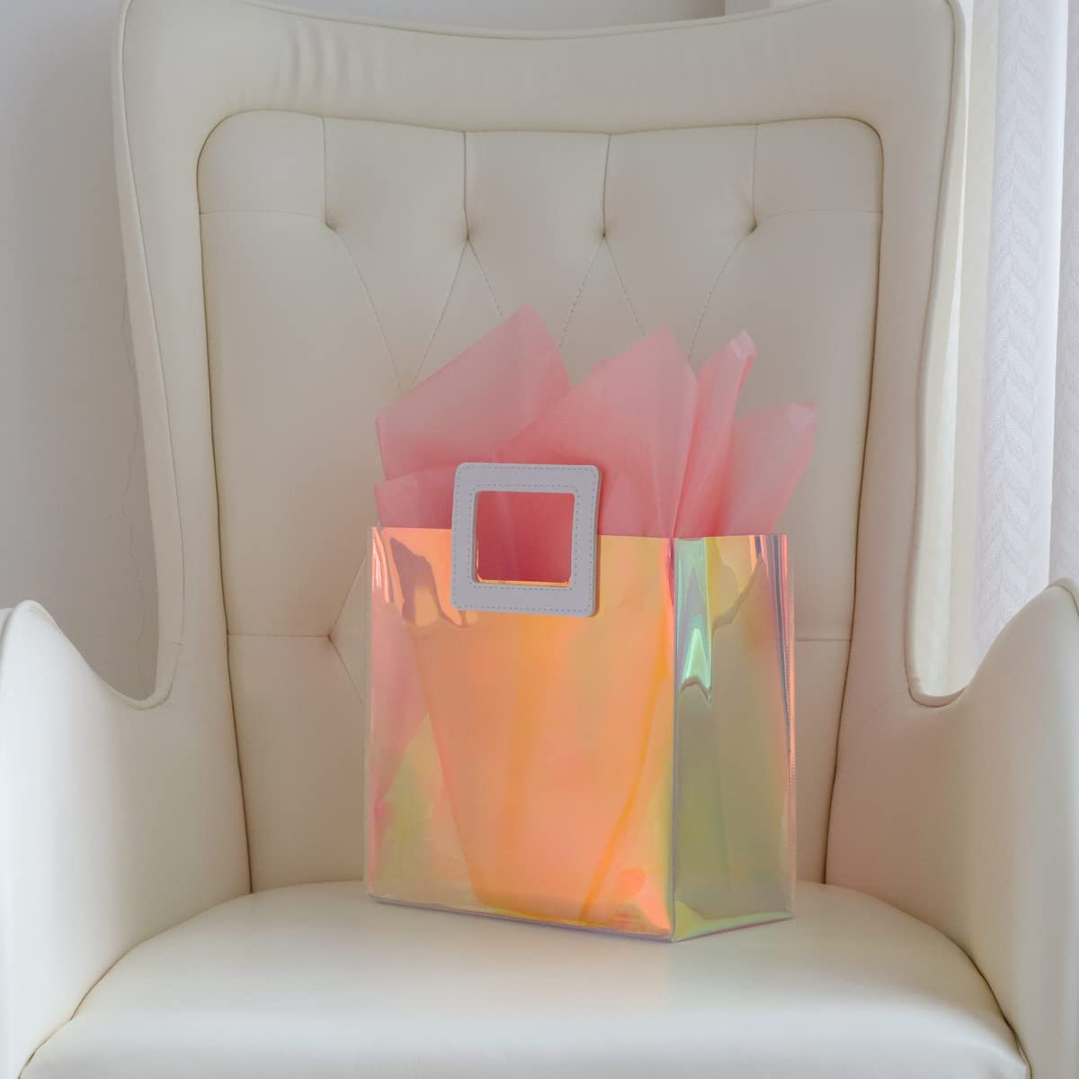 VUOJUR 8.3'' Holographic Small Gift Bag with Tissue Paper Reusable Birthday Gift Bag for Girls Women Iridescent Bachelorette Wedding Bridal Bridesmaid Tote Gift Bag (Pack of 1, S Glossy Coral)