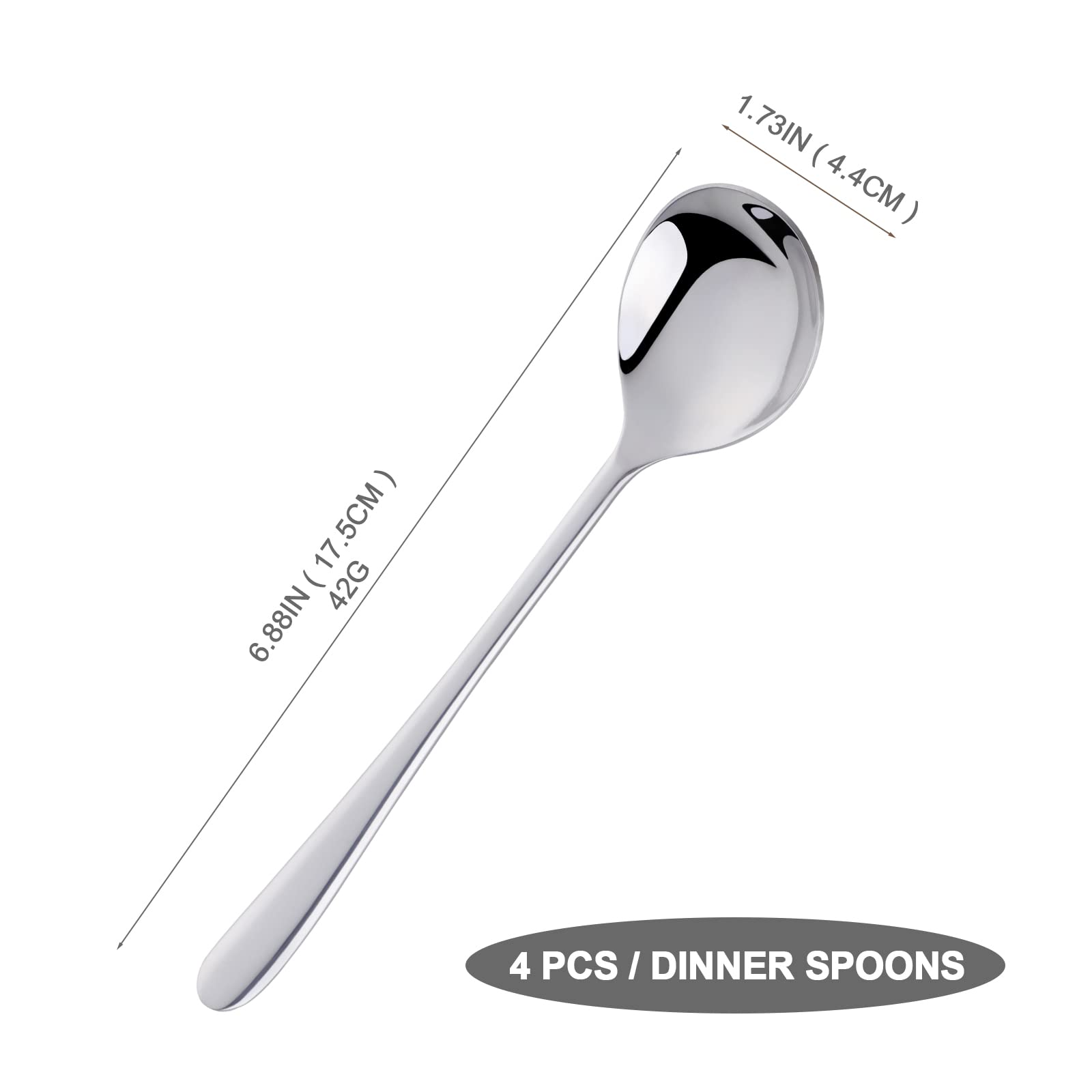 4-Piece Round Stainless Steel Bouillon Spoons Soup Spoons, Stainless Steel Large Round Spoons, Heavy-Weight Round Deep Bowl Spoon Set, Dinner Metal Spoons for Soup Grain Dessert Milk, Dishwasher Safe