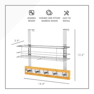 ToiletTree Products Bamboo Wood & Stainless Steel Over The Door Towel Rack with Basket