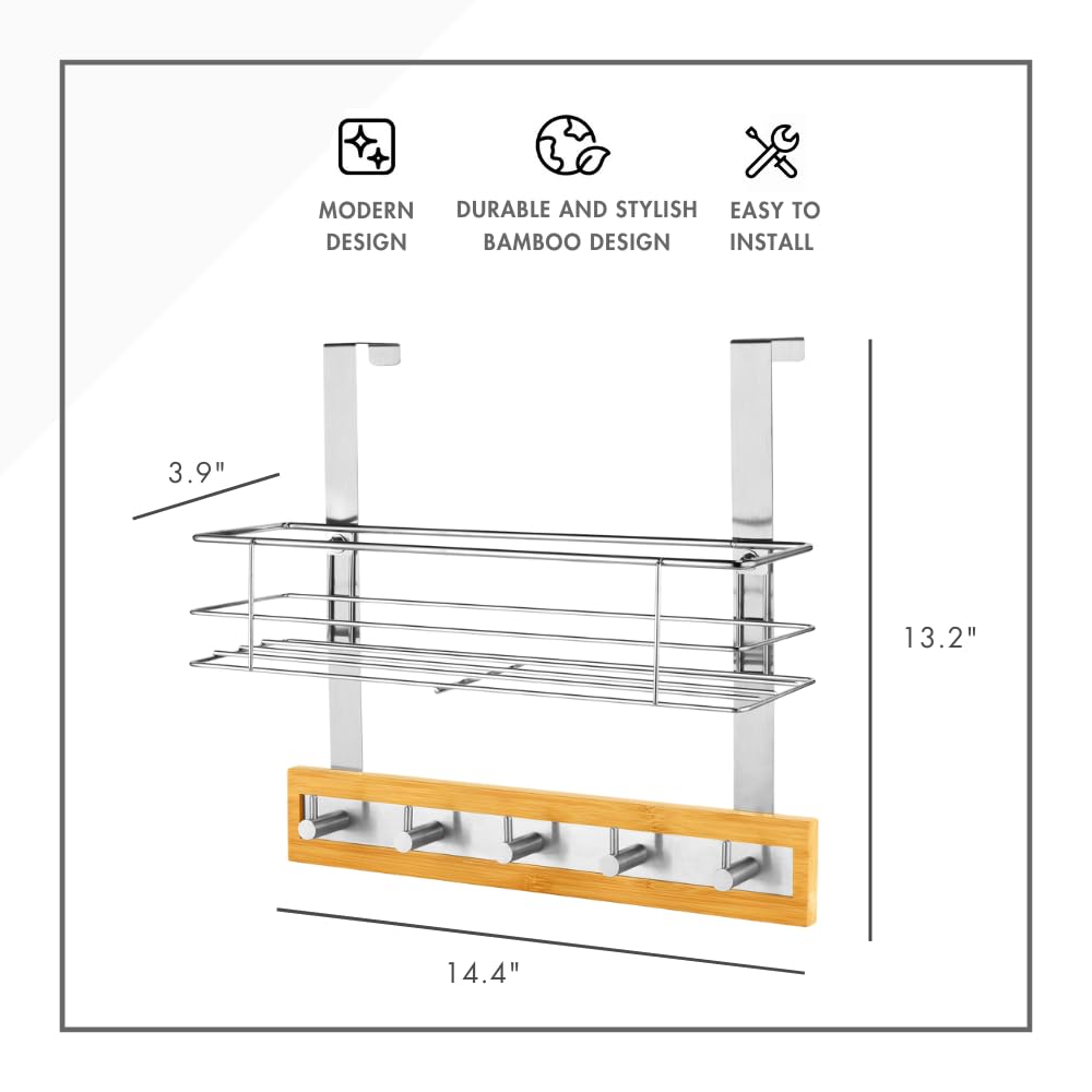 ToiletTree Products Bamboo Wood & Stainless Steel Over The Door Towel Rack with Basket