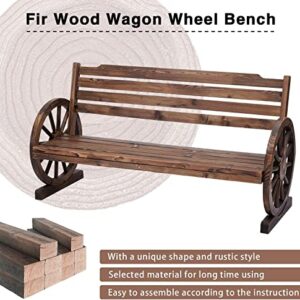 JSUN7 Wooden Outdoor Wagon Wheel Bench - Yard Decorative 3-Person Bench with Backrest Fir Wood Seat Rustic Style for Bench Patio Garden