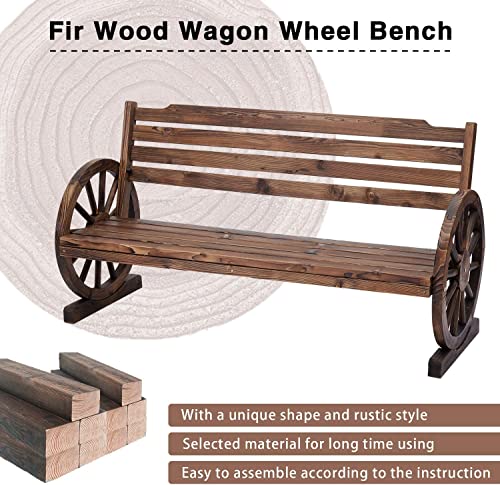 JSUN7 Wooden Outdoor Wagon Wheel Bench - Yard Decorative 3-Person Bench with Backrest Fir Wood Seat Rustic Style for Bench Patio Garden