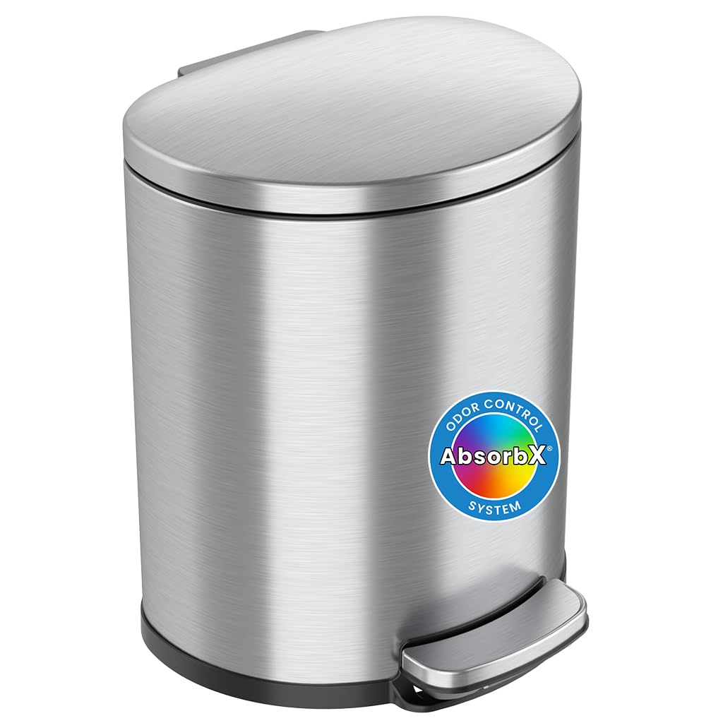 iTouchless SoftStep 5.3 Gallon Home Trash Can with Odor Filter & Removable Inner Bucket, Stainless Steel, 20 Liter Space-Saving Semi-Round Step Pedal Garbage Bin for Bedroom, Bathroom