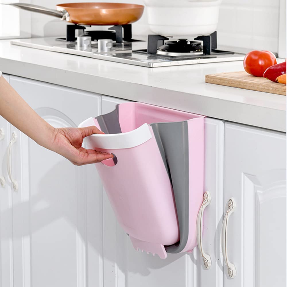 Hanging Trash Can for Kitchen Cabinet Door, Foldable Waste Bin for Kitchen Bedroom Bathroom and Car (2.4 Gallon, Pink)