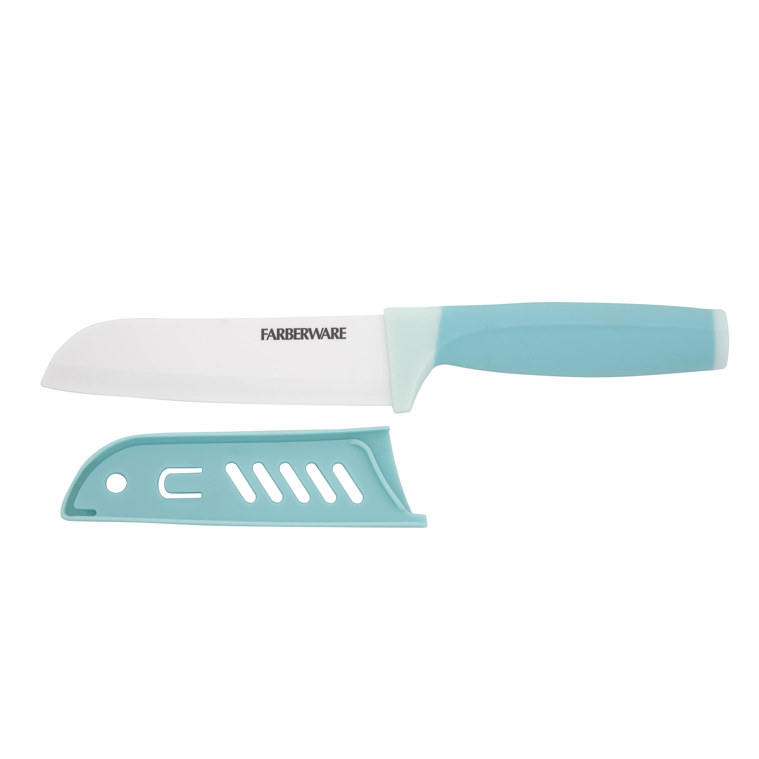 Farberware Ceramic 5- Inch Santoku Knife with Custom-Fit Blade Cover, Razor-Sharp Kitchen Knife with Ergonomic, Soft-Grip Handle, Dishwasher-Safe, 5-inch, Aqua