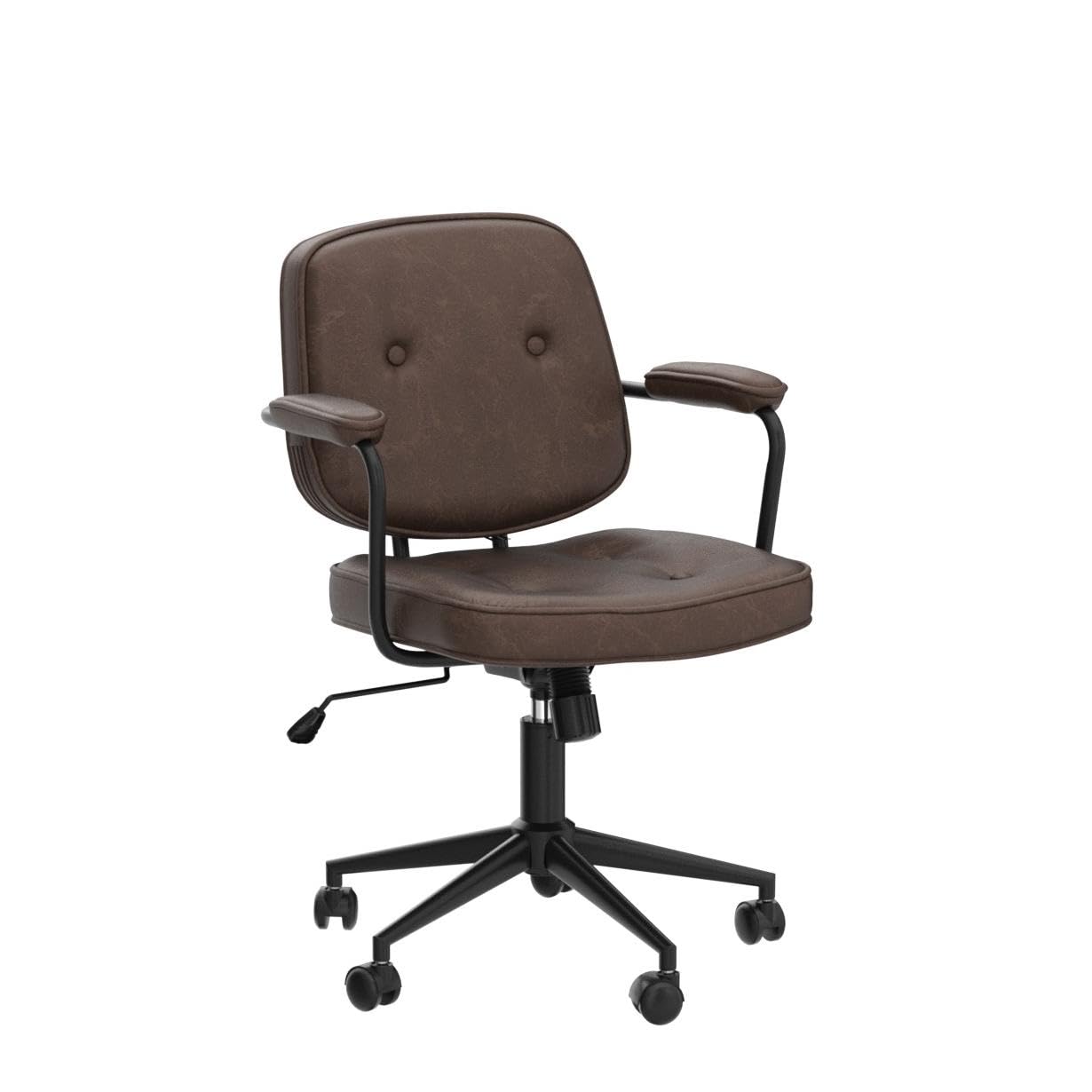 LukeAlon Adjustable Pu Leather Home Office Chair, Comfy 360° Swivel Task Chair with Armrest Modern Thickened Seat Desk Chair Tiltable Computer Chair with Buttons & Wheels, Brown