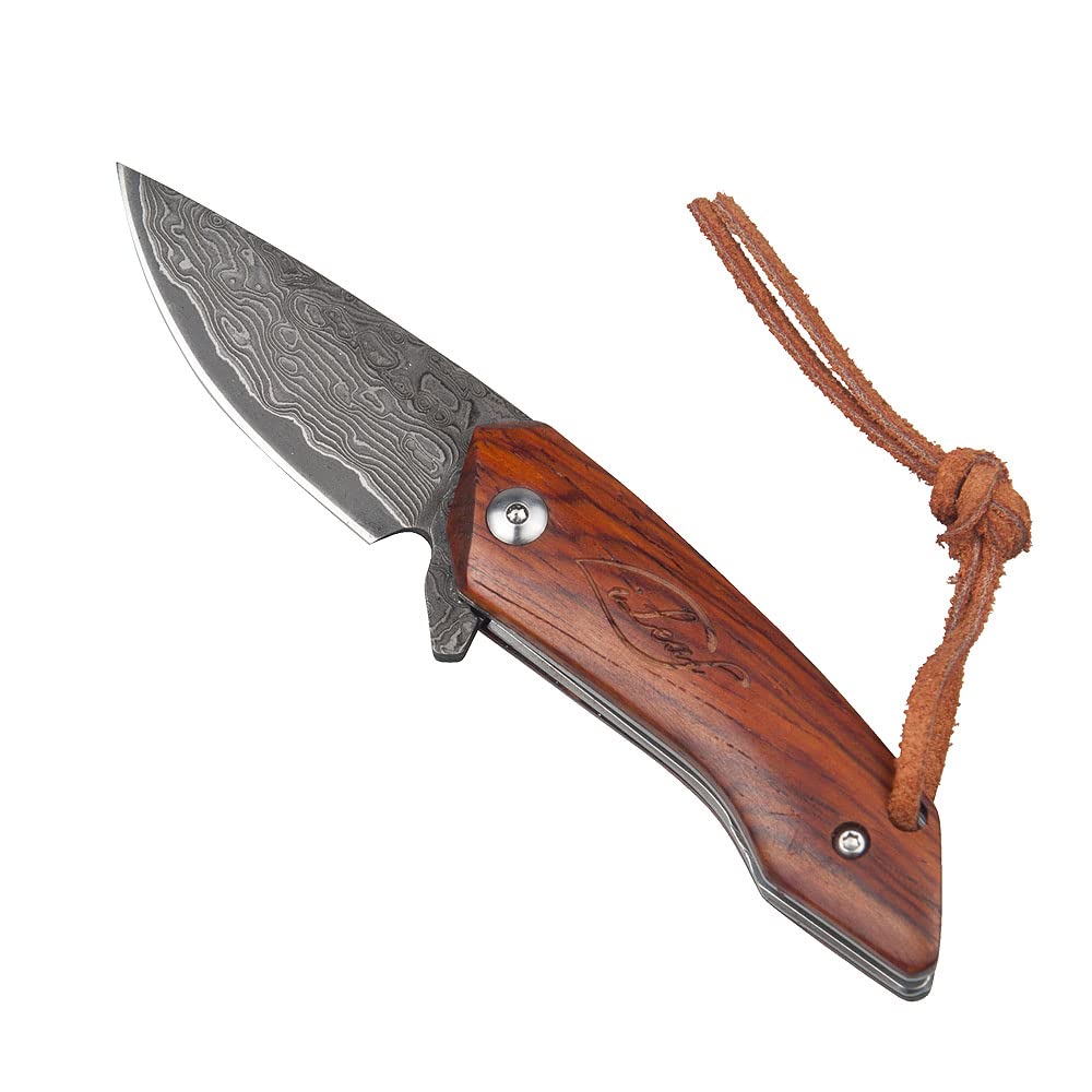 ILEAF Damascus Steel Folding Pocket Knife 2" Blade 3" Folded 5" Open, Liner Lock with Rosewood Handle Great for Camping Fishing Hiking