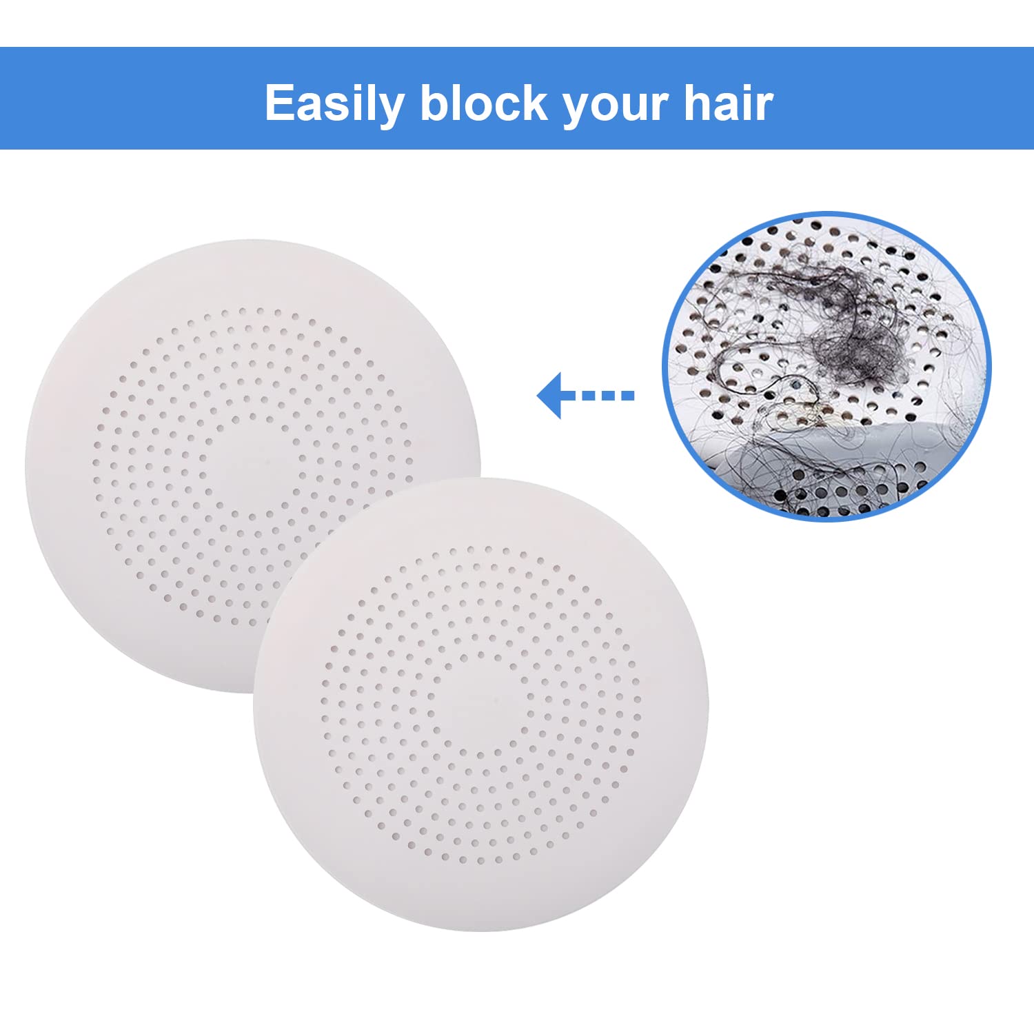 Hair Catcher Round Silicone Hair Stopper with Suction Cup Quick & Easy to Install Perfect for Bathroom, Bathtub & Kitchen Use - Pack of 2 (White)