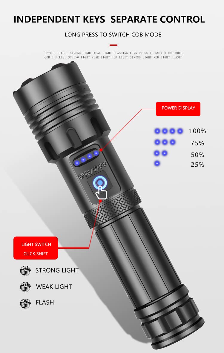 Xkravo LED Handheld Flashlights, 1800 Lumens 7 Light Modes with COB Work Light, Super Bright Rechargeable Zoomable Waterproof Tactical Flashlight with Battery for Emergency, Outdoor, Home, Camping