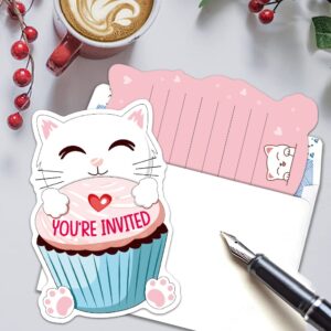 RZHV 15 Pack White Cat and Meow Cupcake Shaped Fill-In Invitations Cards With Envelopes for Boys & Girls Adults, Funny Baby Shower Birthday Party Bridal Shower Wedding Party Invite, Party Supplies