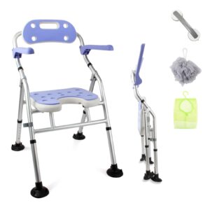 folding shower chair for inside shower & bathtub, foldable shower seat with arms & back 400lbs, adjustable height bathroom stool for seniors, elderly, disabled, injured