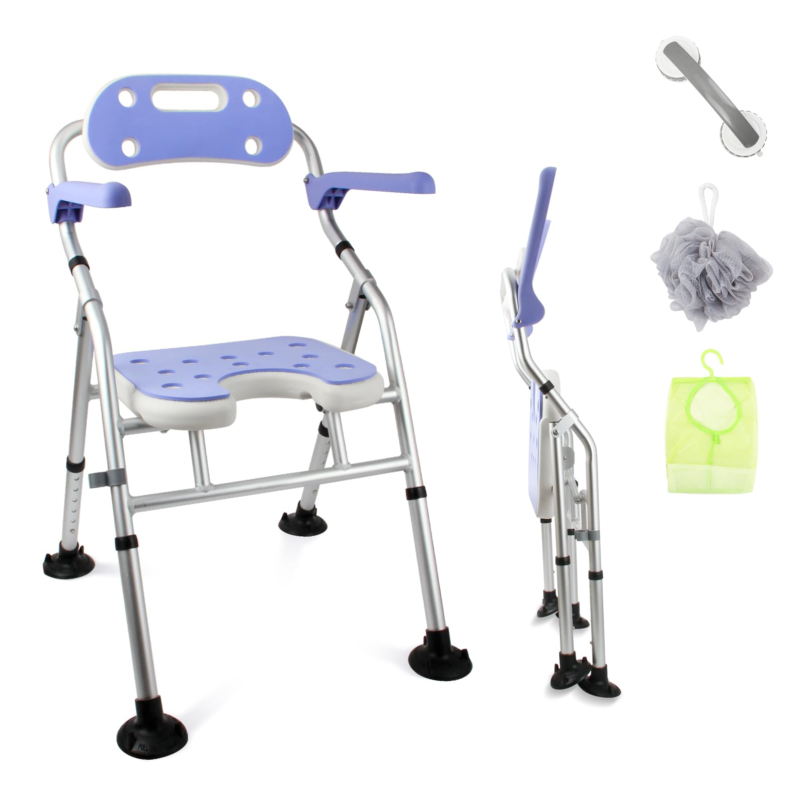 Folding Shower Chair for Inside Shower & Bathtub, Foldable Shower Seat with Arms & Back 400Lbs, Adjustable Height Bathroom Stool for Seniors, Elderly, Disabled, Injured