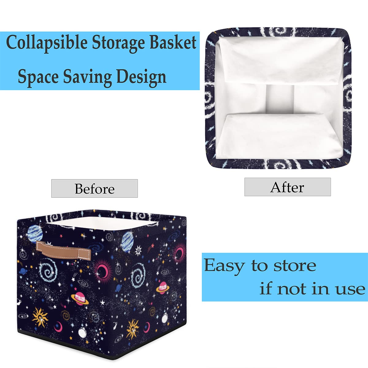 Cartoon Universe Planet Storage Basket Foldable Fabric Storage Baskets Decorative Square Storage Bins with Handles for Living Room Shelves Toy Clothes Wardrobe