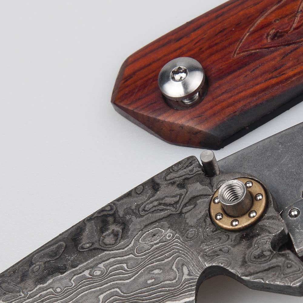 ILEAF Damascus Steel Folding Pocket Knife 2" Blade 3" Folded 5" Open, Liner Lock with Rosewood Handle Great for Camping Fishing Hiking