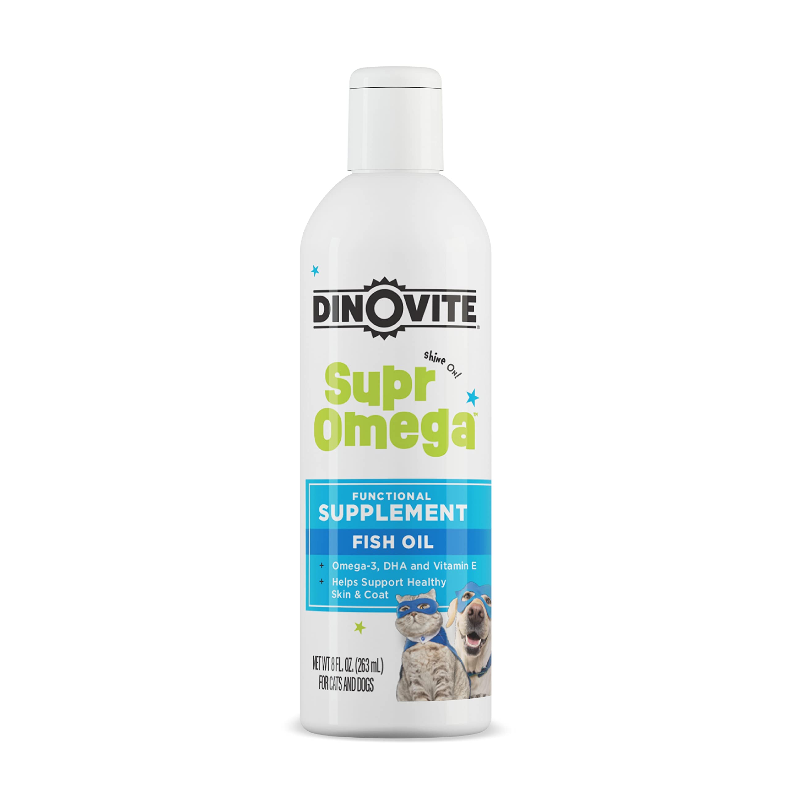 Dinovite SuprOmega Fish Oil for Dogs & Cats - Vitamin E & Omega 3 Meal Topper - Skin & Coat Health for Dogs & Cats - 8 oz