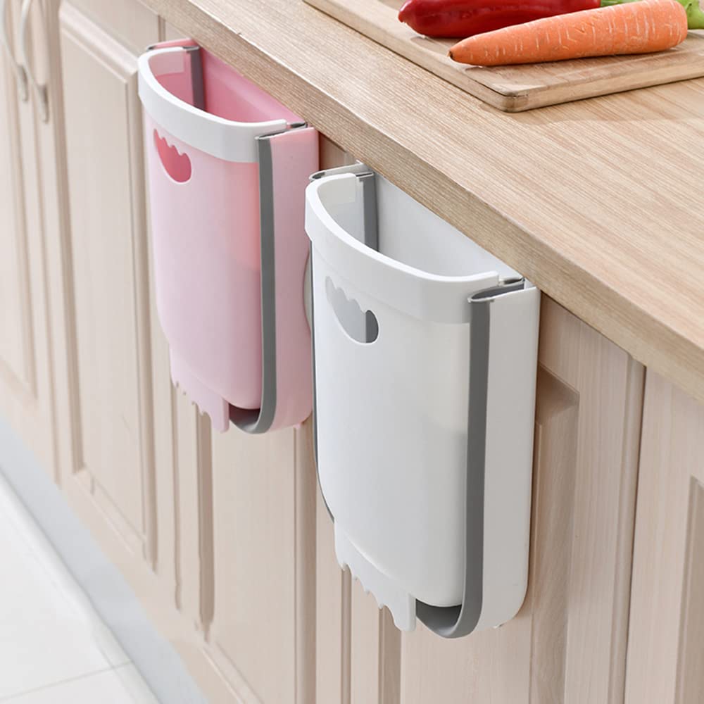 Hanging Trash Can for Kitchen Cabinet Door, Foldable Waste Bin for Kitchen Bedroom Bathroom and Car (2.4 Gallon, Pink)