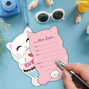 RZHV 15 Pack White Cat and Meow Cupcake Shaped Fill-In Invitations Cards With Envelopes for Boys & Girls Adults, Funny Baby Shower Birthday Party Bridal Shower Wedding Party Invite, Party Supplies