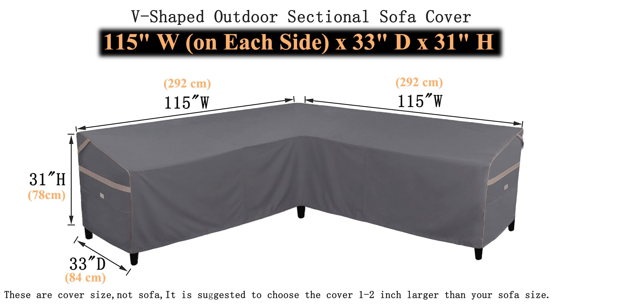 Garden Balsam Heavy Duty Waterproof Patio Furniture Covers,Fade Resistant Outdoor Sofa Covers V-Shaped Sofa Cover 115" W (on Each Side) x 33" D x 31" H Dark Grey